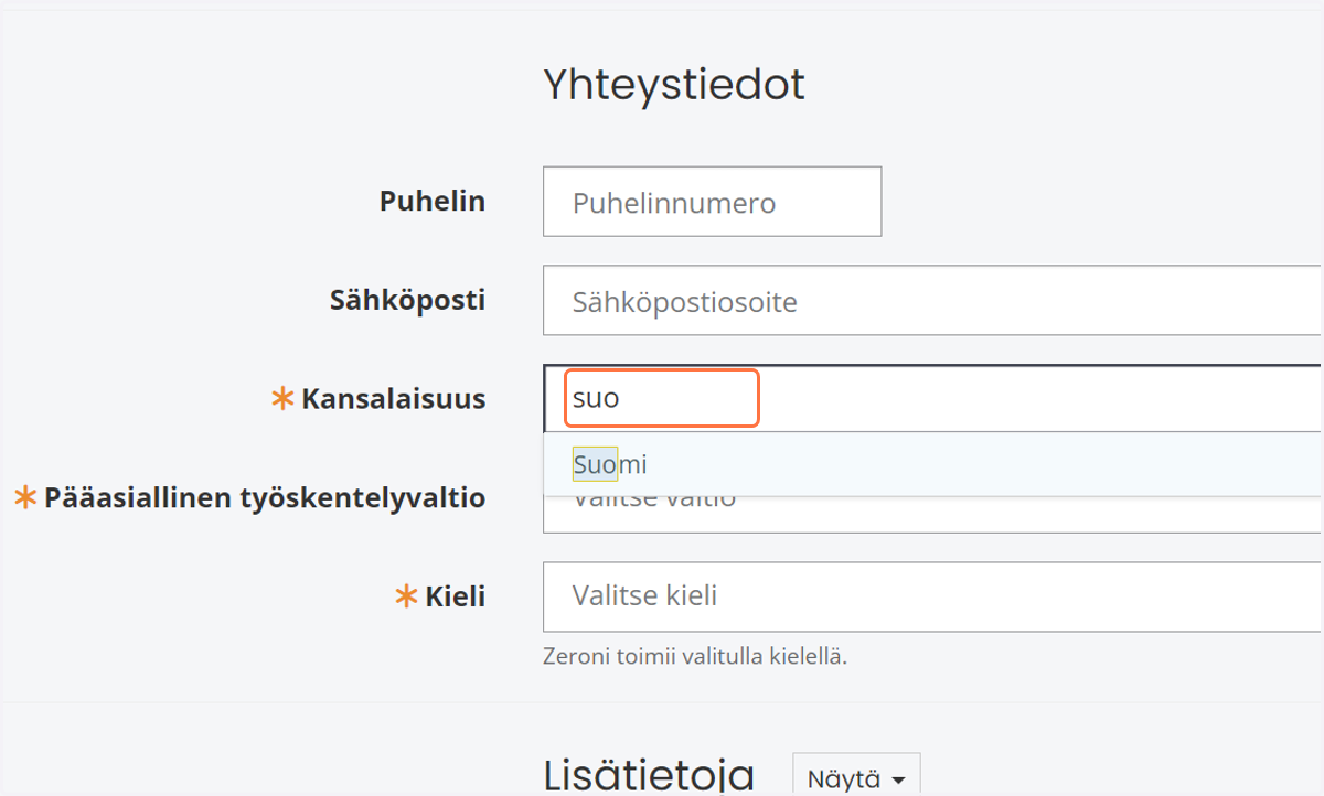 Aseta kansalaisuus, pääasiallinen työskentelyvaltio ja kieli