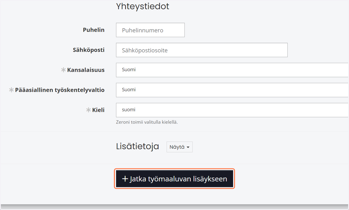 Valitse "Jatka työmaaluvan lisäykseen"