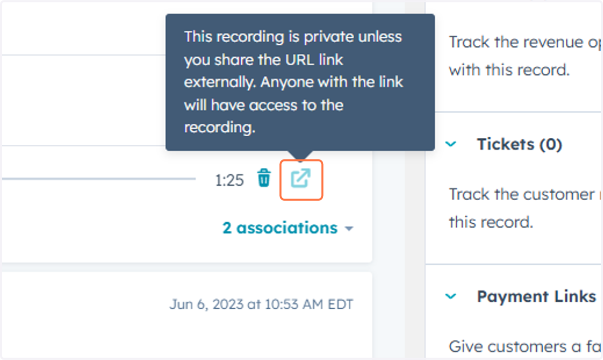 Right click on the share recording button and copy the URL