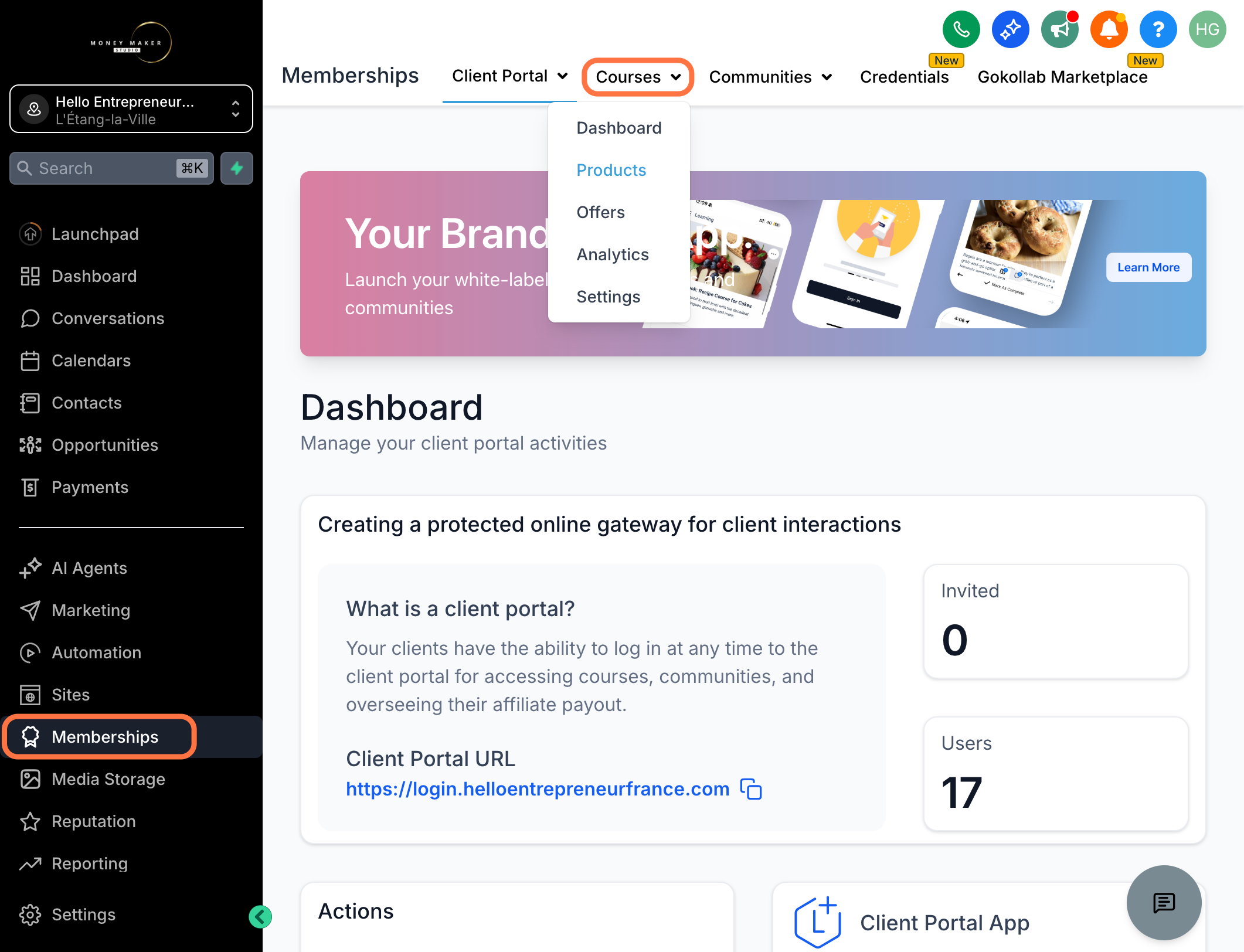 Gå til "Memberships" - "Courses" og klik på "Products"