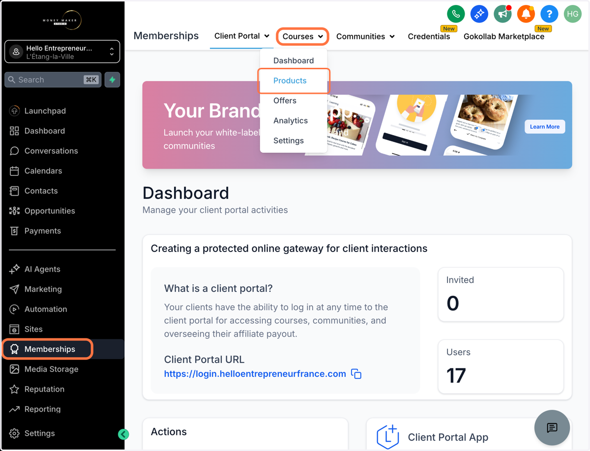 Gå til "Memberships" - "Courses" og klik på "Products"