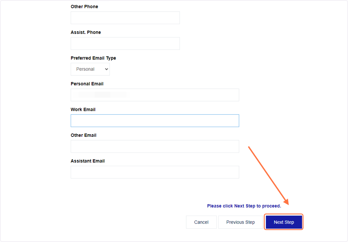 Click on Next Step to save your contact information