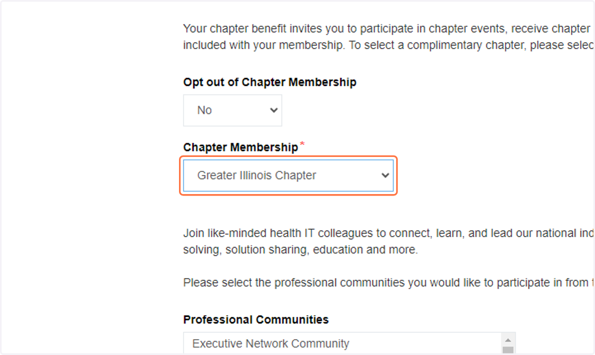 Select your chapter of choice and your professional communities.