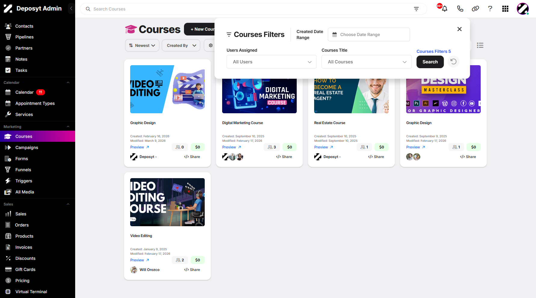 Step 6: "This feature allows you to filter courses by Date Range, Users Assigned, and Course Title. Once you’ve set the filters, click 'Search' to display the courses.