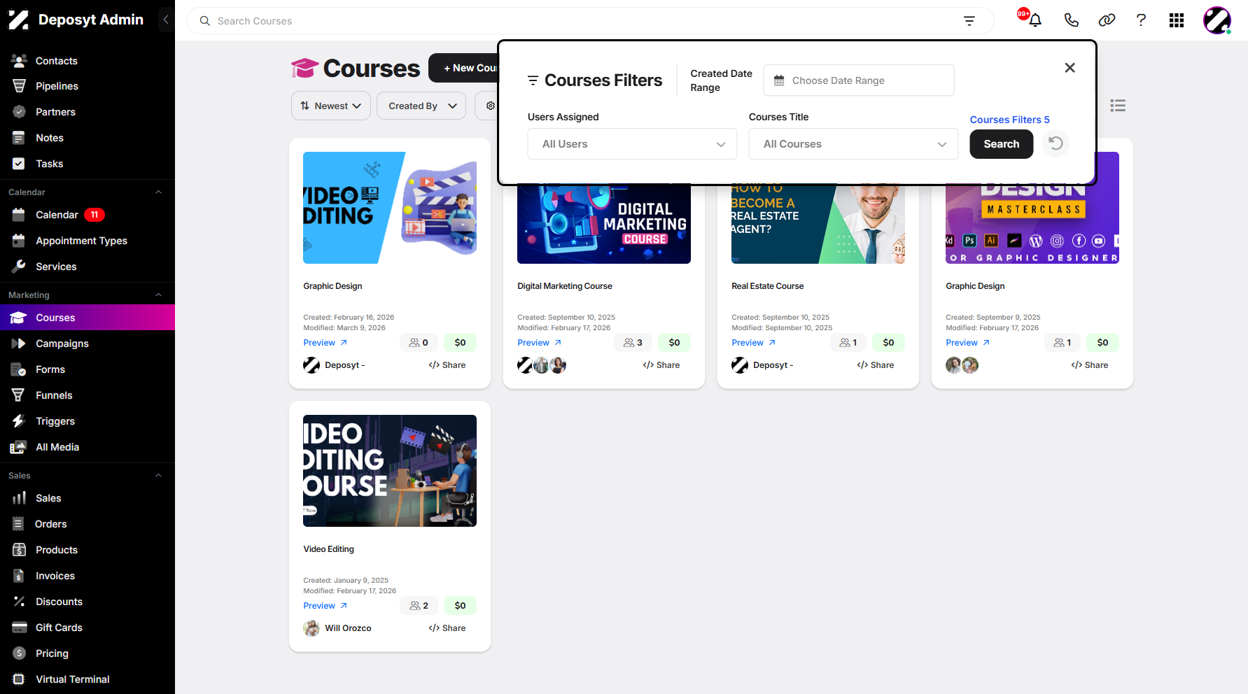 Step 6: "This feature allows you to filter courses by Date Range, Users Assigned, and Course Title. Once you’ve set the filters, click 'Search' to display the courses.