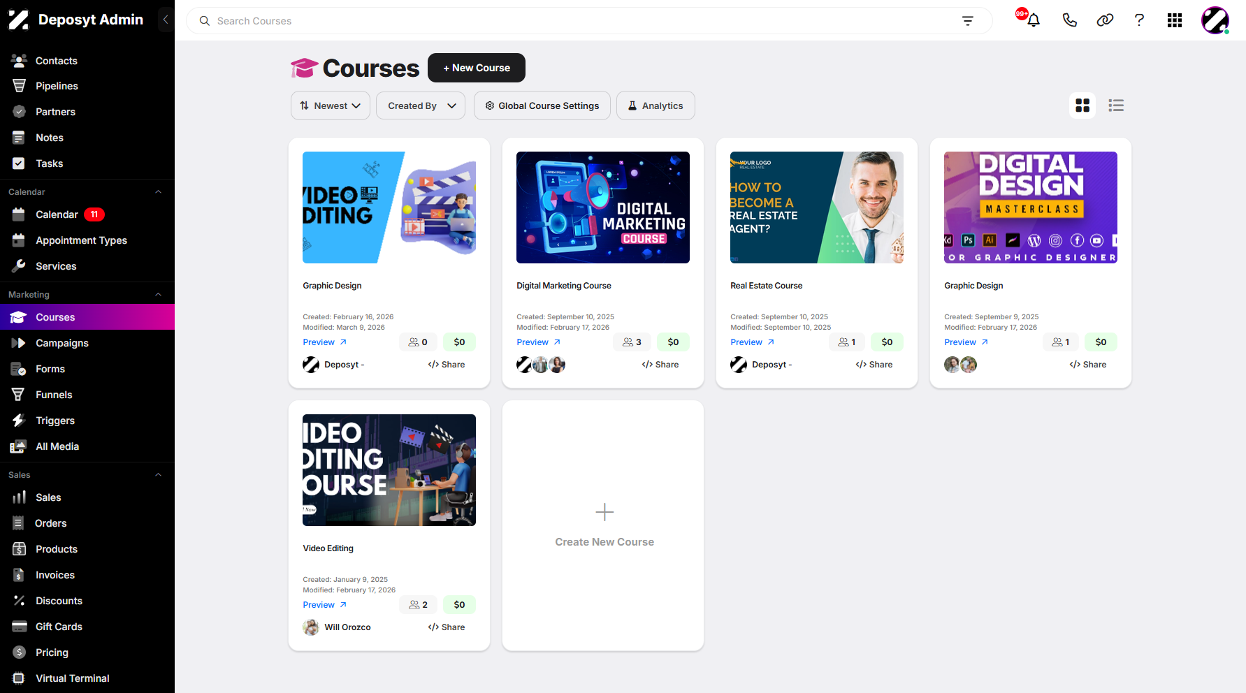 Step 2: You will then be navigated to the Courses tab.