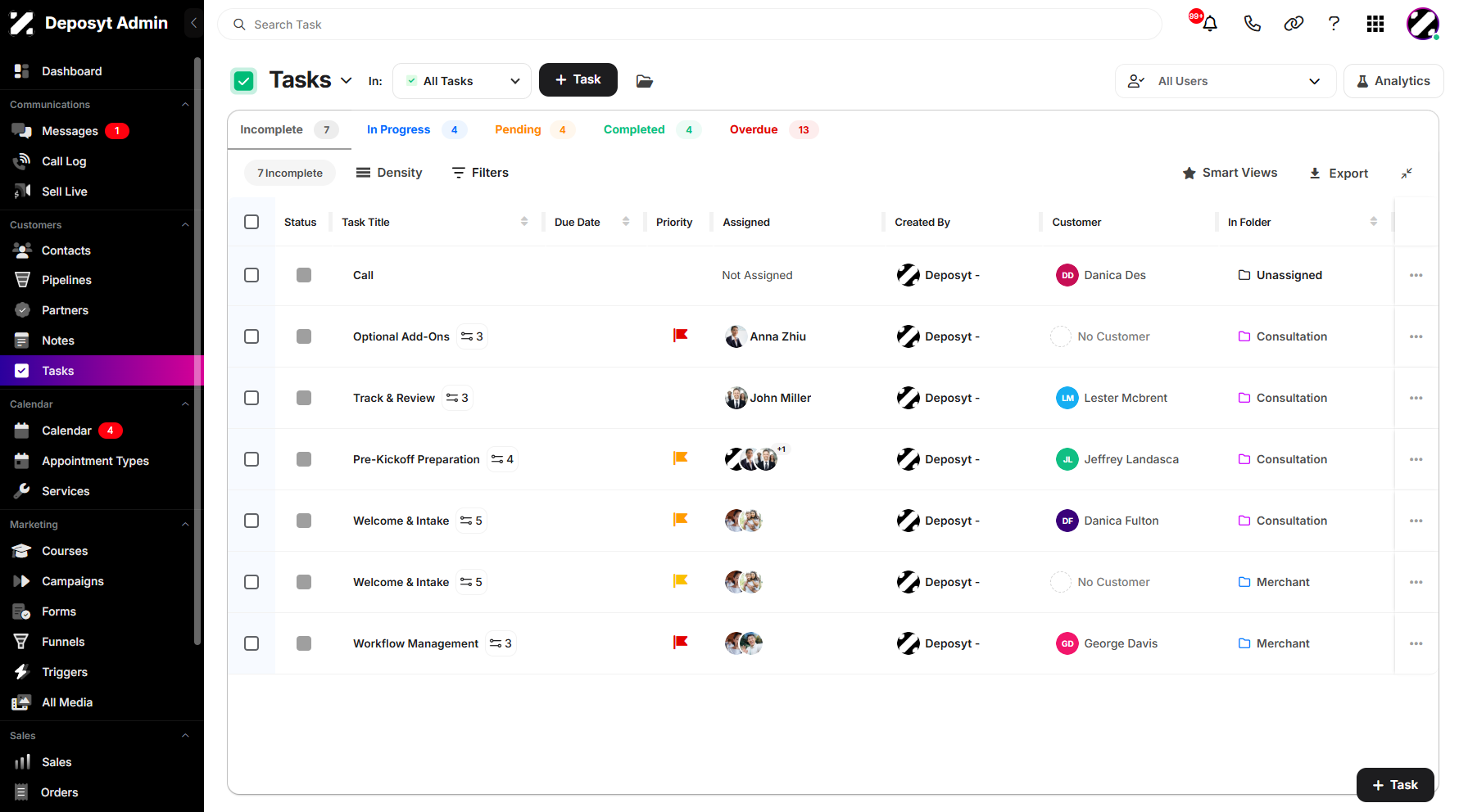 Step 1: On your Dashboard, navigate to the Tasks tab under the Customers section. 