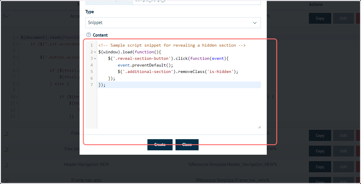 Input script code into the Content editor