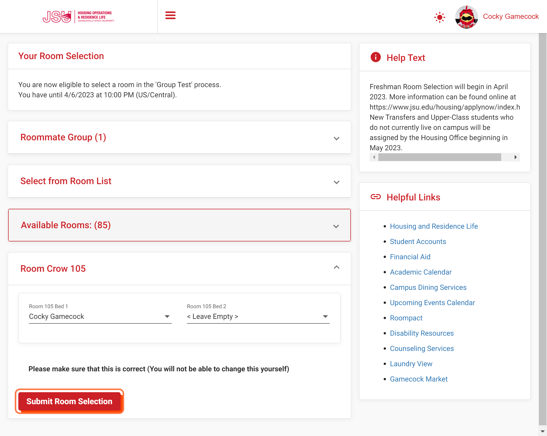 Click on Submit Room Selection