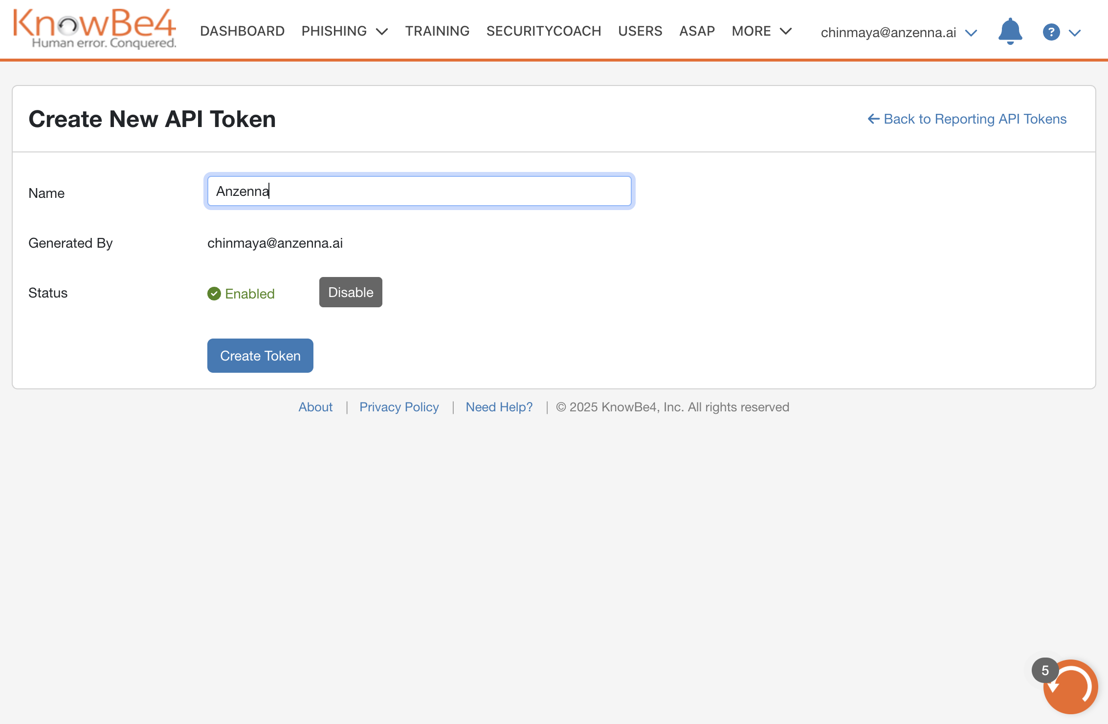 Give your API Token a name, like "Anzenna"