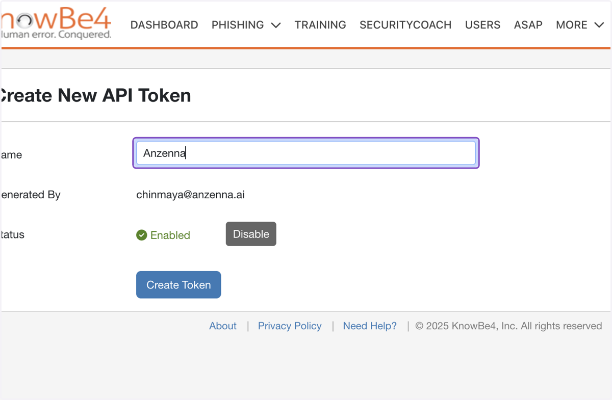 Give your API Token a name, like "Anzenna"