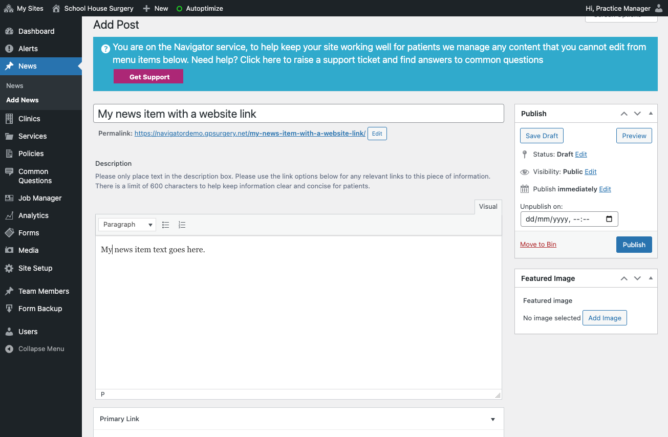 Add the main information by typing into the large text box. You can include headings and bullet points here.