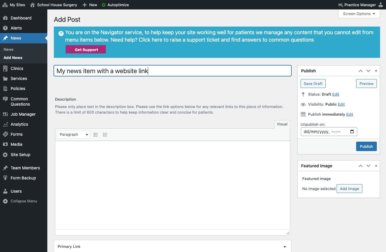 Type in your title. In this example "My news item with a website link"
