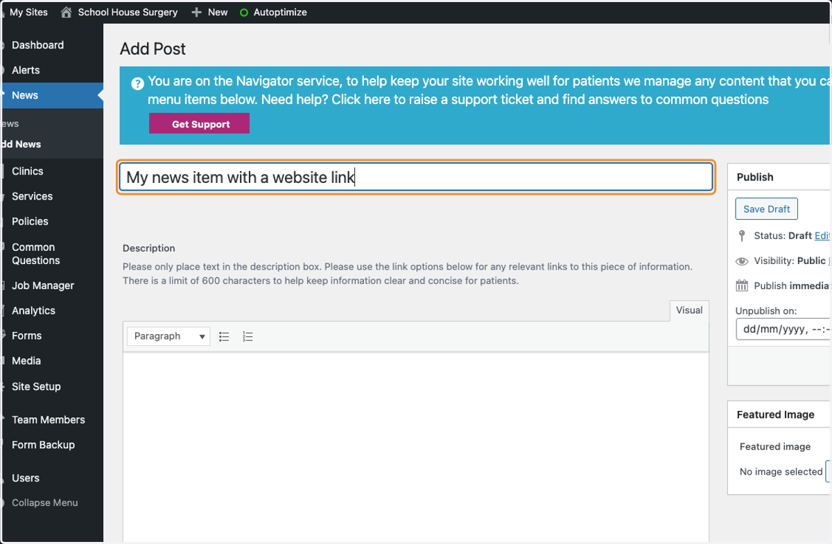 Type in your title. In this example "My news item with a website link"