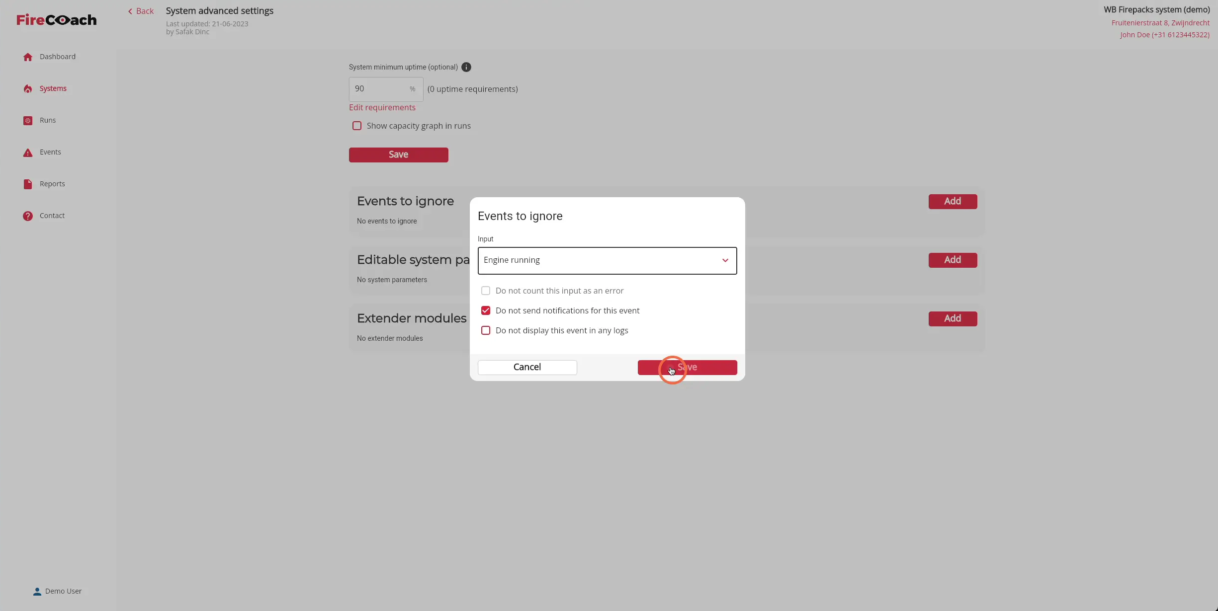 Click 'Save' to ignore the event on the selected properties