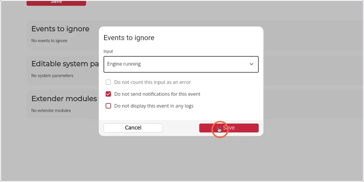 Click 'Save' to ignore the event on the selected properties