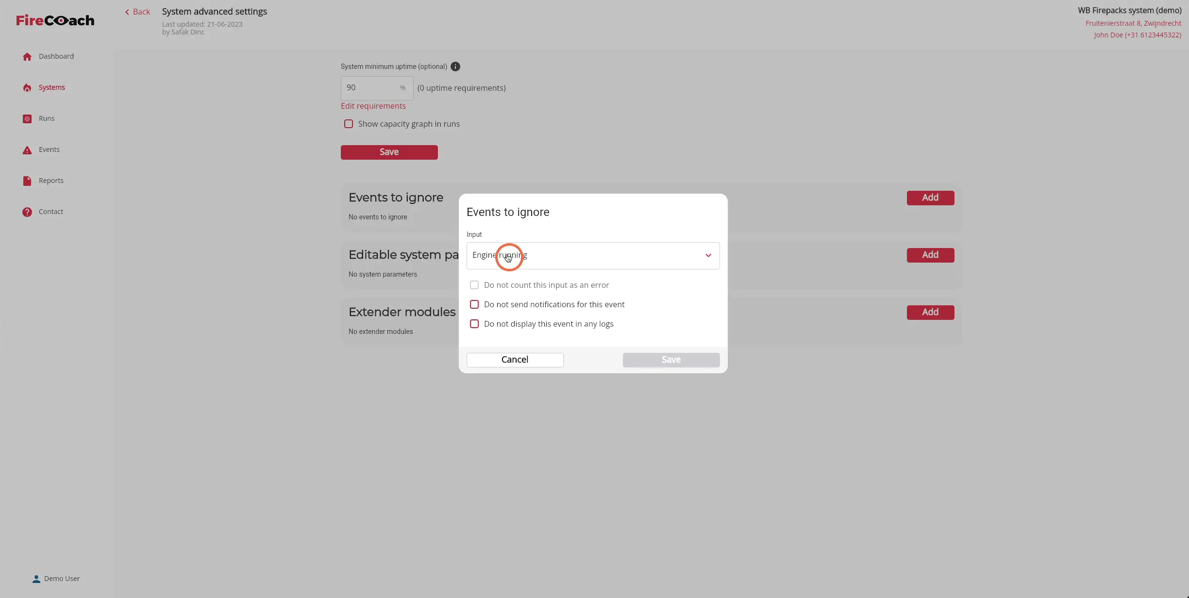 Select the input to ignore from the dropdown