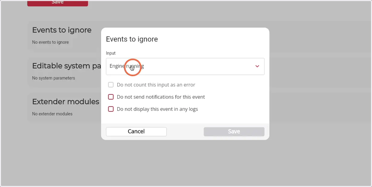Select the input to ignore from the dropdown