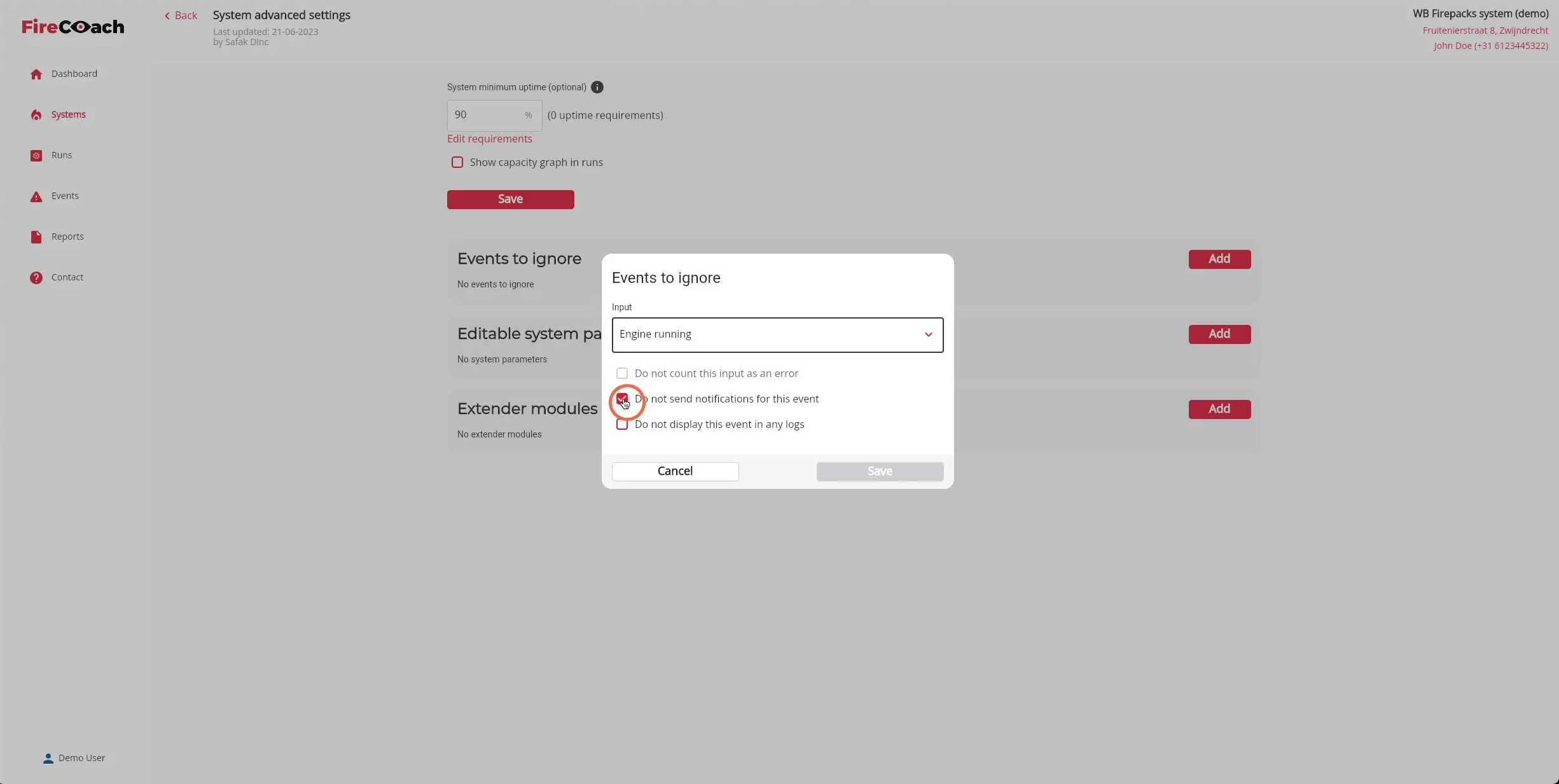 Select where to ignore the event by enabling the corresponding checkboxes