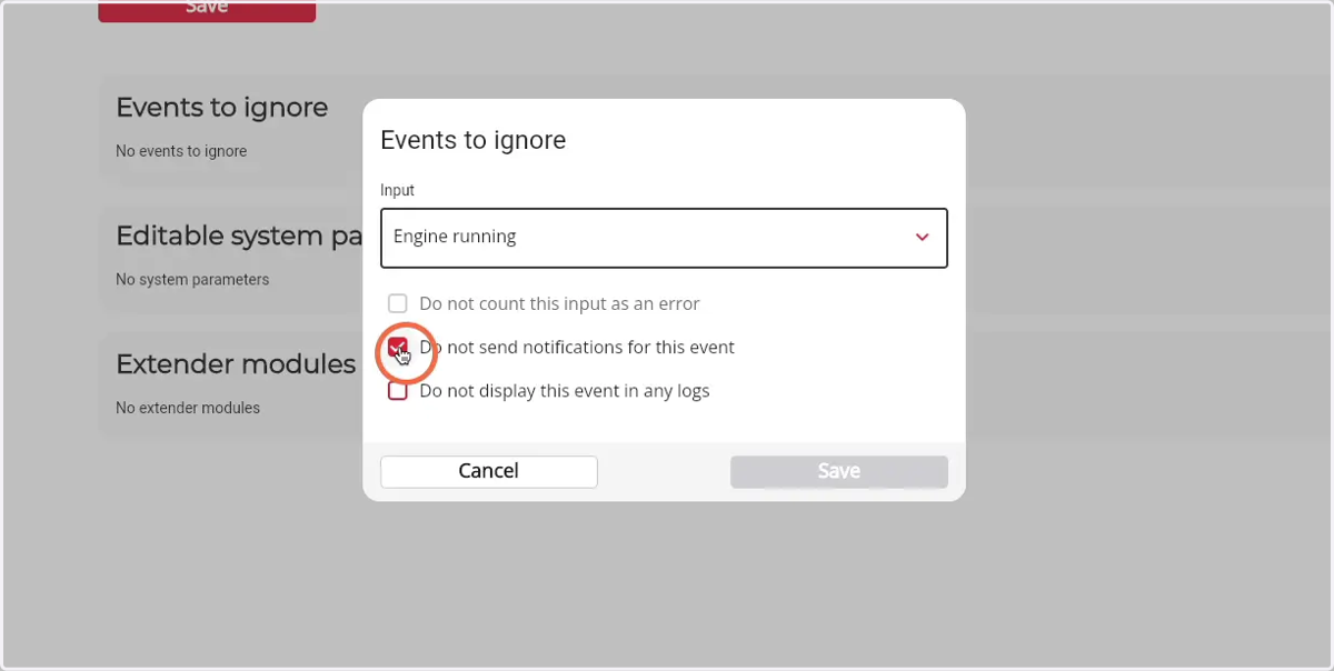 Select where to ignore the event by enabling the corresponding checkboxes