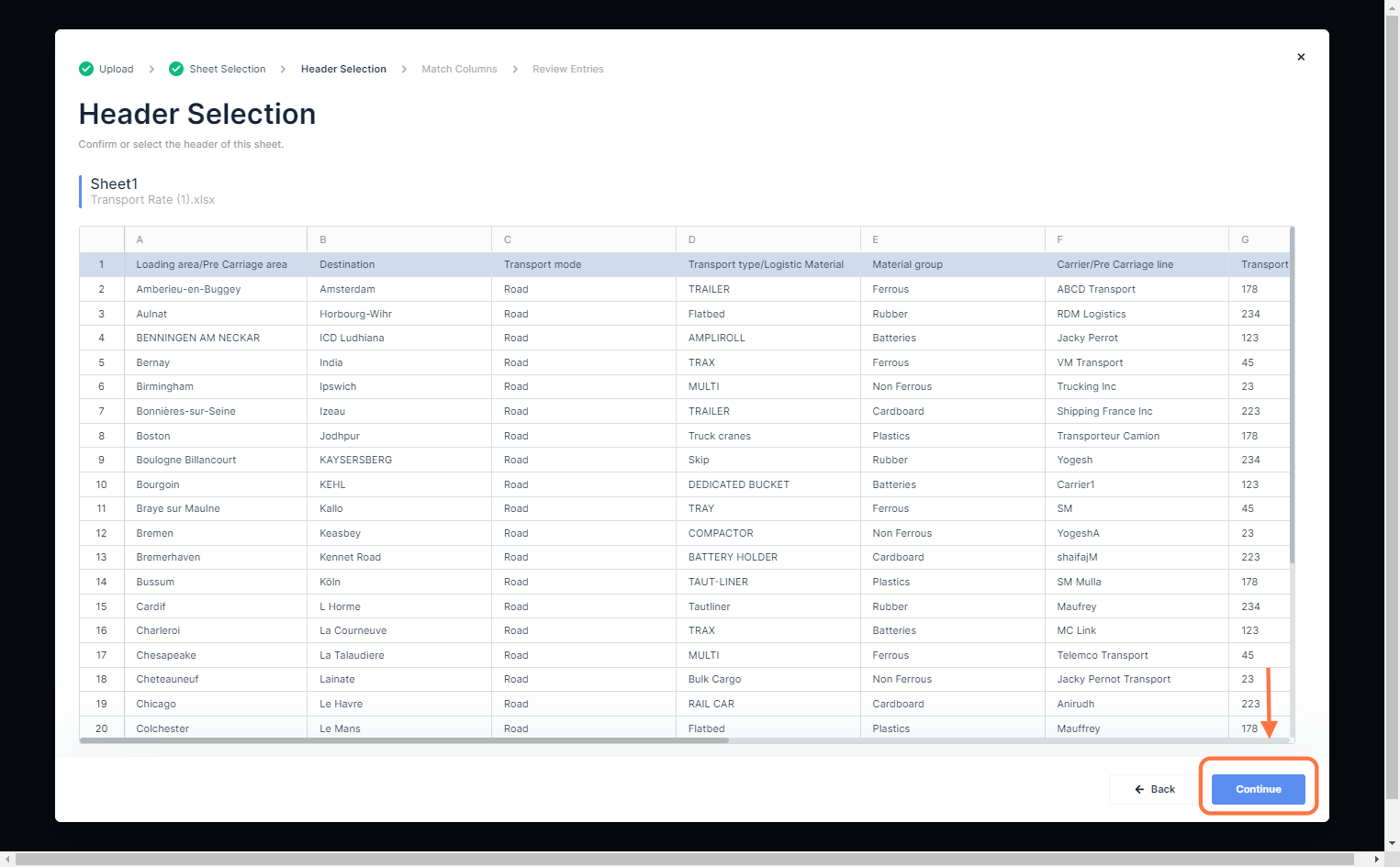 Define the header of the table by clicking on the row and click 'Continue'