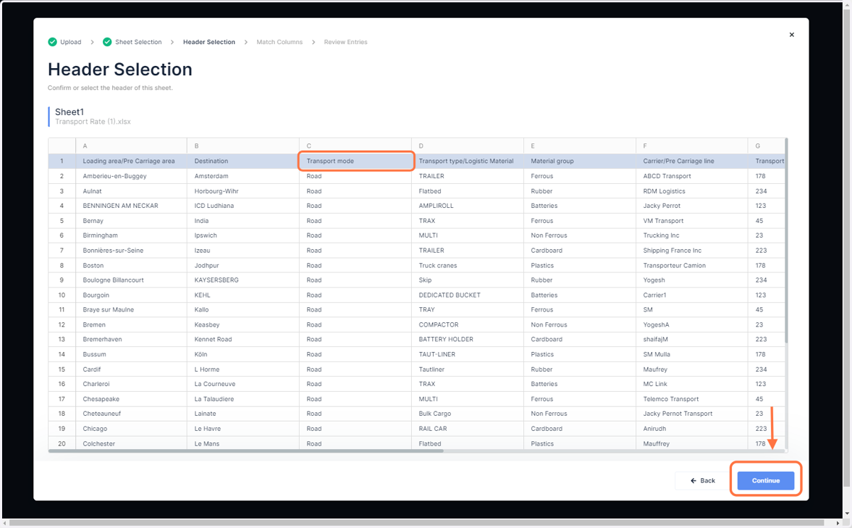 Define the header of the table by clicking on the row and click 'Continue'
