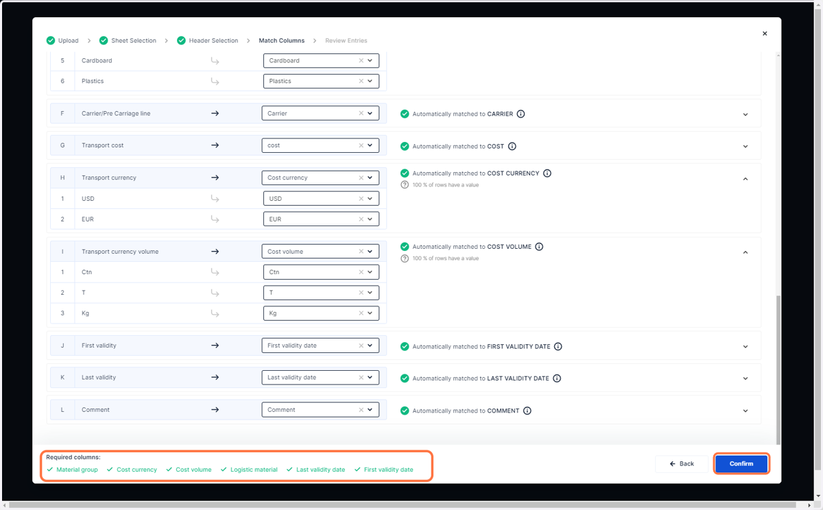 Make sure all required columns matches and click on 'confirm'
