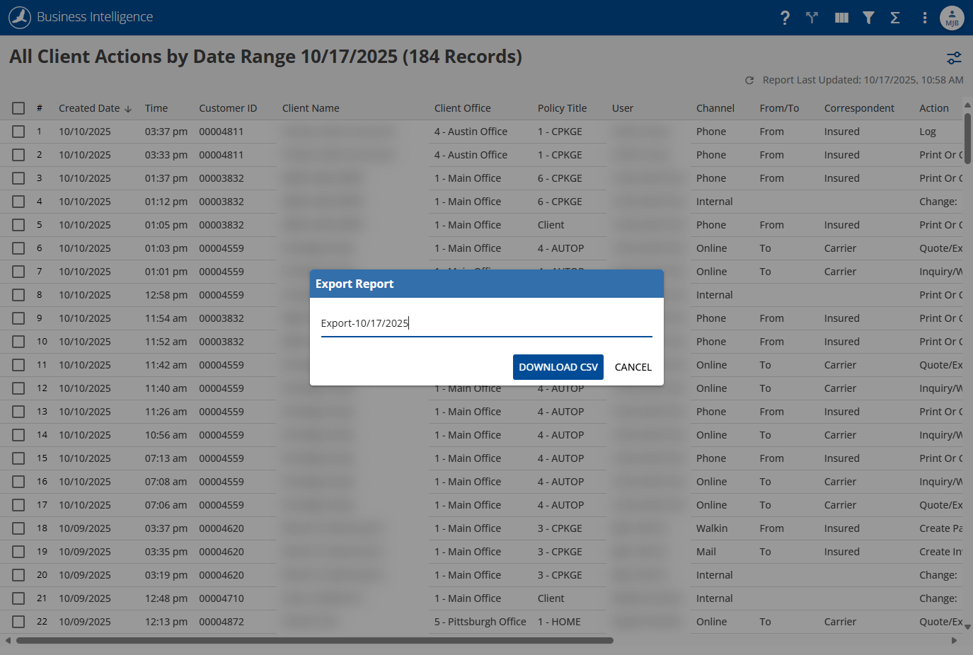 Select DOWNLOAD CSV