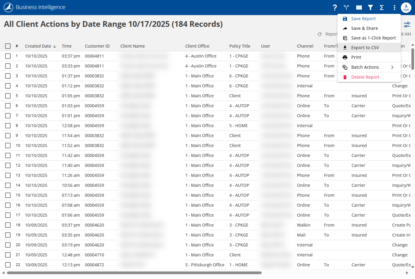 Click on Export to CSV