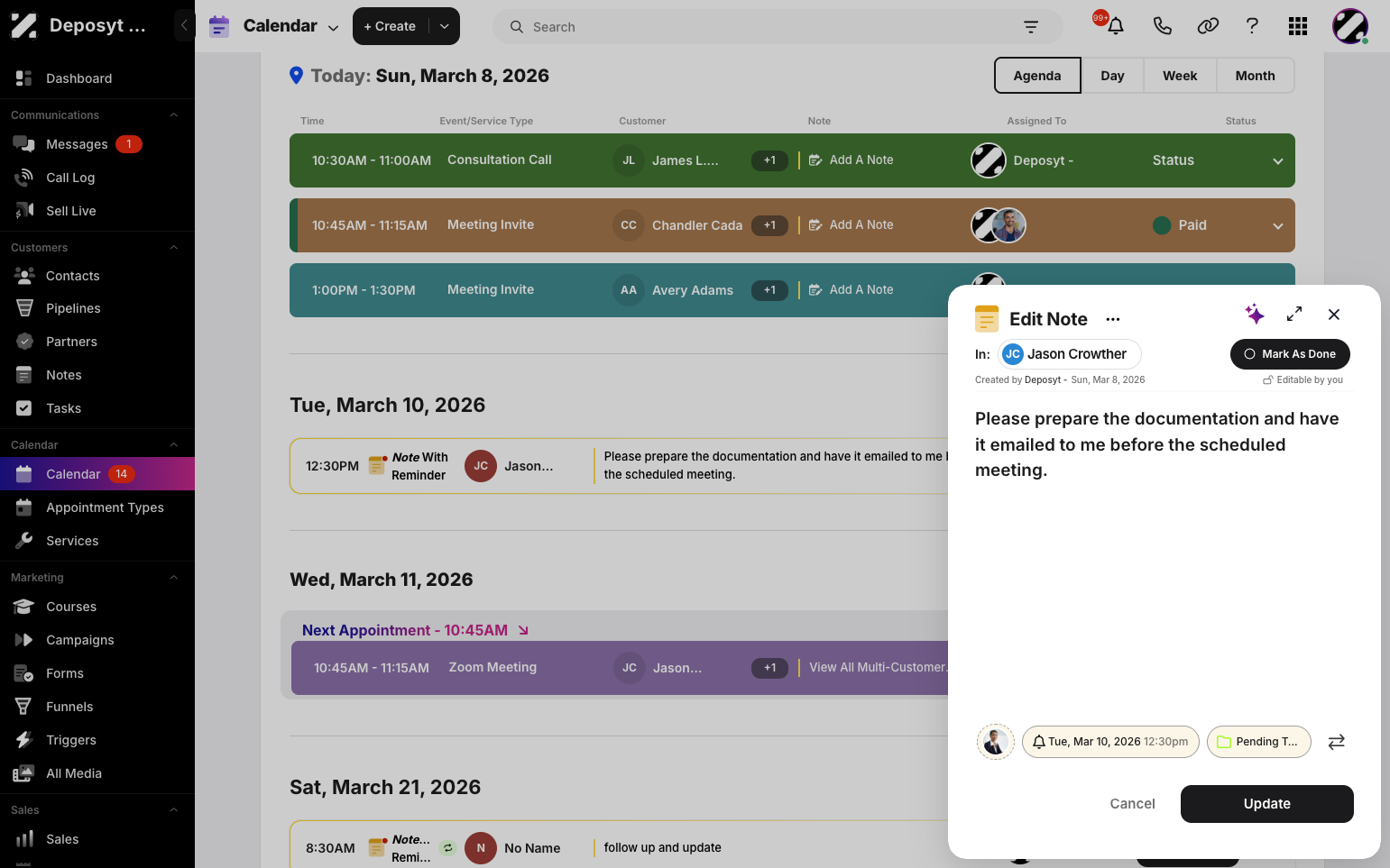 Step 4: From here, a pop-up will appear where you can mark the note as done, edit the note contents, assign users, edit the reminder, and add it to a folder.