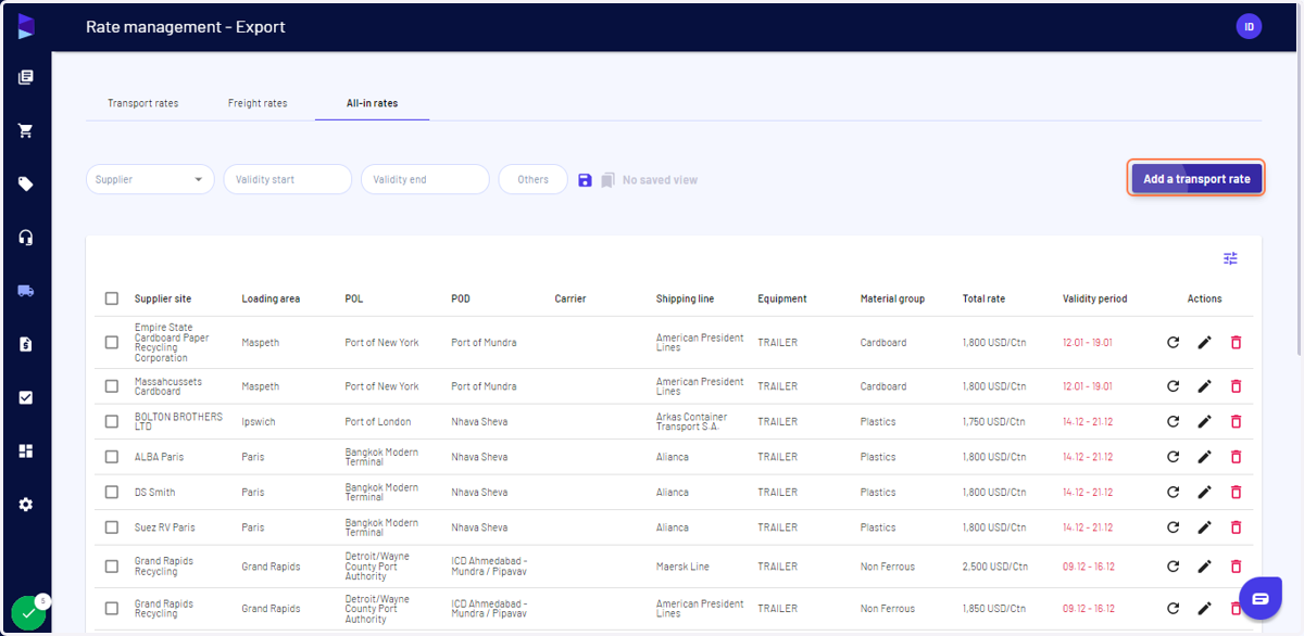 Click on "Add a transport rate" to record new rate