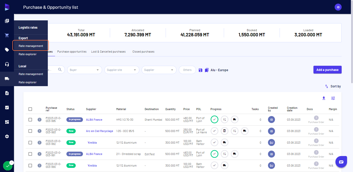 Go to the "Logistics rates" menu and click on "Rate management" under "Export"