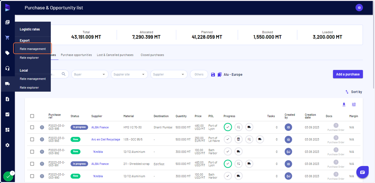 Go to the "Logistics rates" menu and click on "Rate management" under "Export"