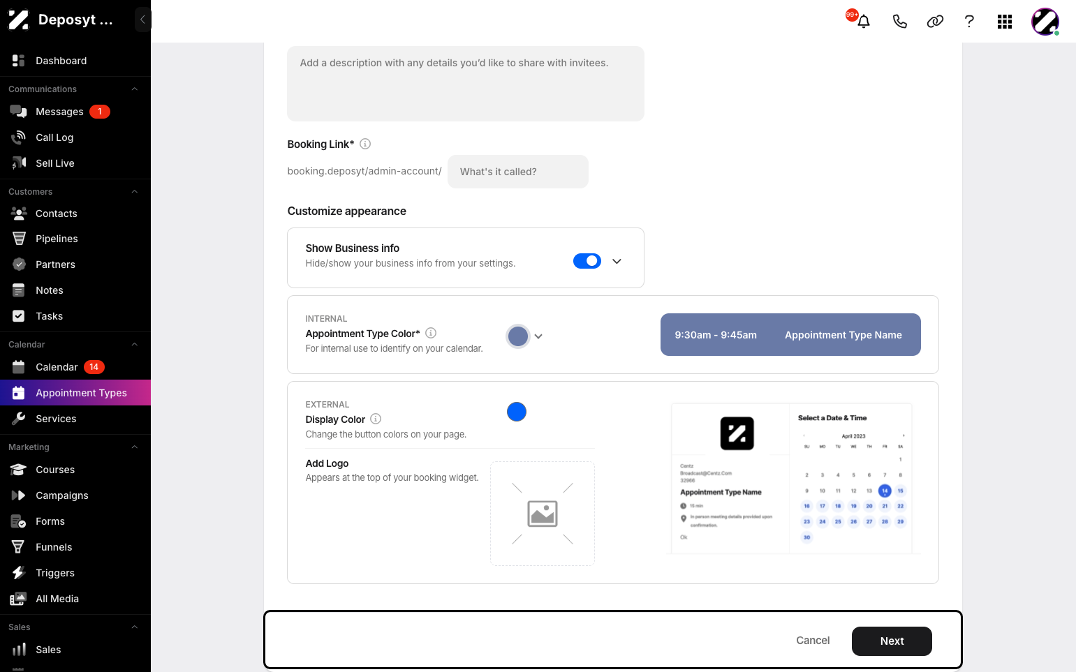Step 5: Add an optional booking link, or leave it blank to automatically generate one. You can customize the appearance by showing or hiding business info in the settings, setting the appointment type color and display color, and adding a logo. When done, click Next.