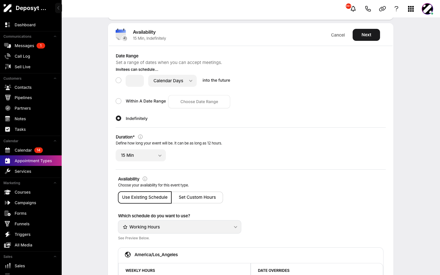 Step 6: Now you can customize your availability by setting a date range, event duration, and choosing your availability, either by using your existing schedule or setting custom hours.