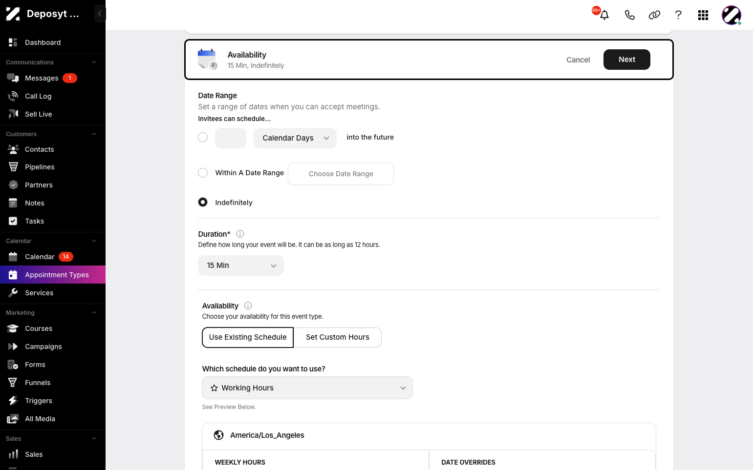 Step 6: Now you can customize your availability by setting a date range, event duration, and choosing your availability, either by using your existing schedule or setting custom hours.