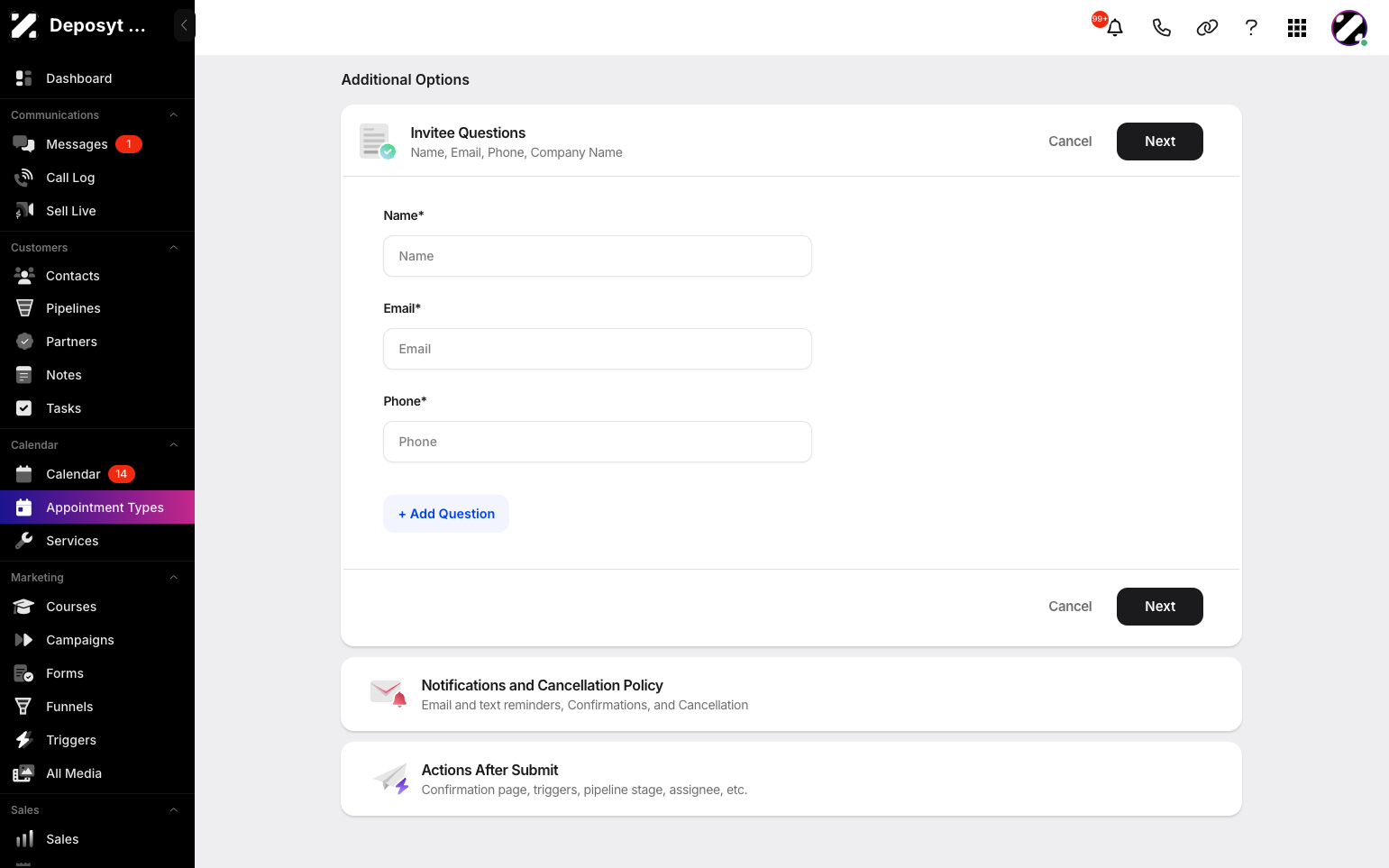 Step 8: There are additional options, such as Invitee Questions or adding your own custom questions. Click Next when you are done.