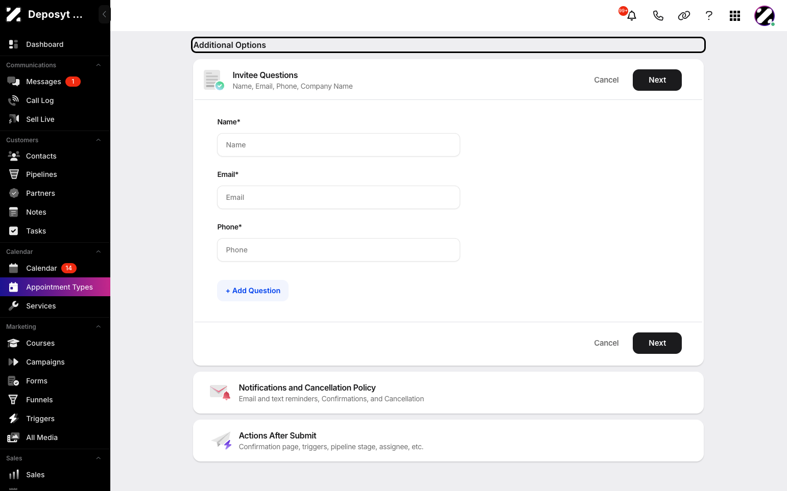 Step 8: There are additional options, such as Invitee Questions or adding your own custom questions. Click Next when you are done.