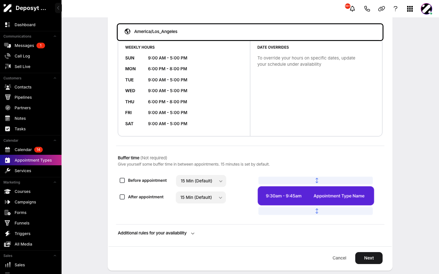 Step 7: Continue by setting a buffer time before or after the appointment. You can also add additional rules for your availability. When done, click Next.