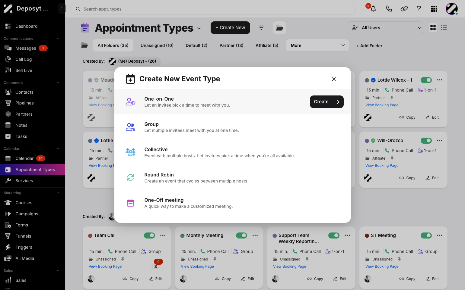 Step 3: Select the One-on-One event type. This allows an invitee to pick a time to meet with you. Then, click the Create button.