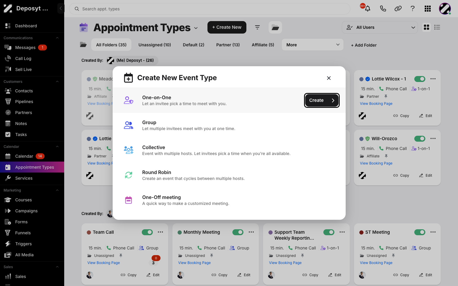 Step 3: Select the One-on-One event type. This allows an invitee to pick a time to meet with you. Then, click the Create button.