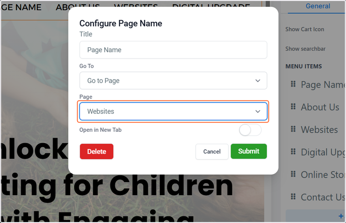 Select the page you wish to link to