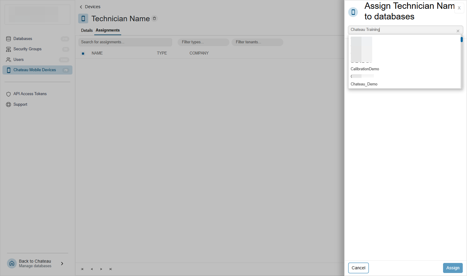 Search for the database you want to assign to the technician