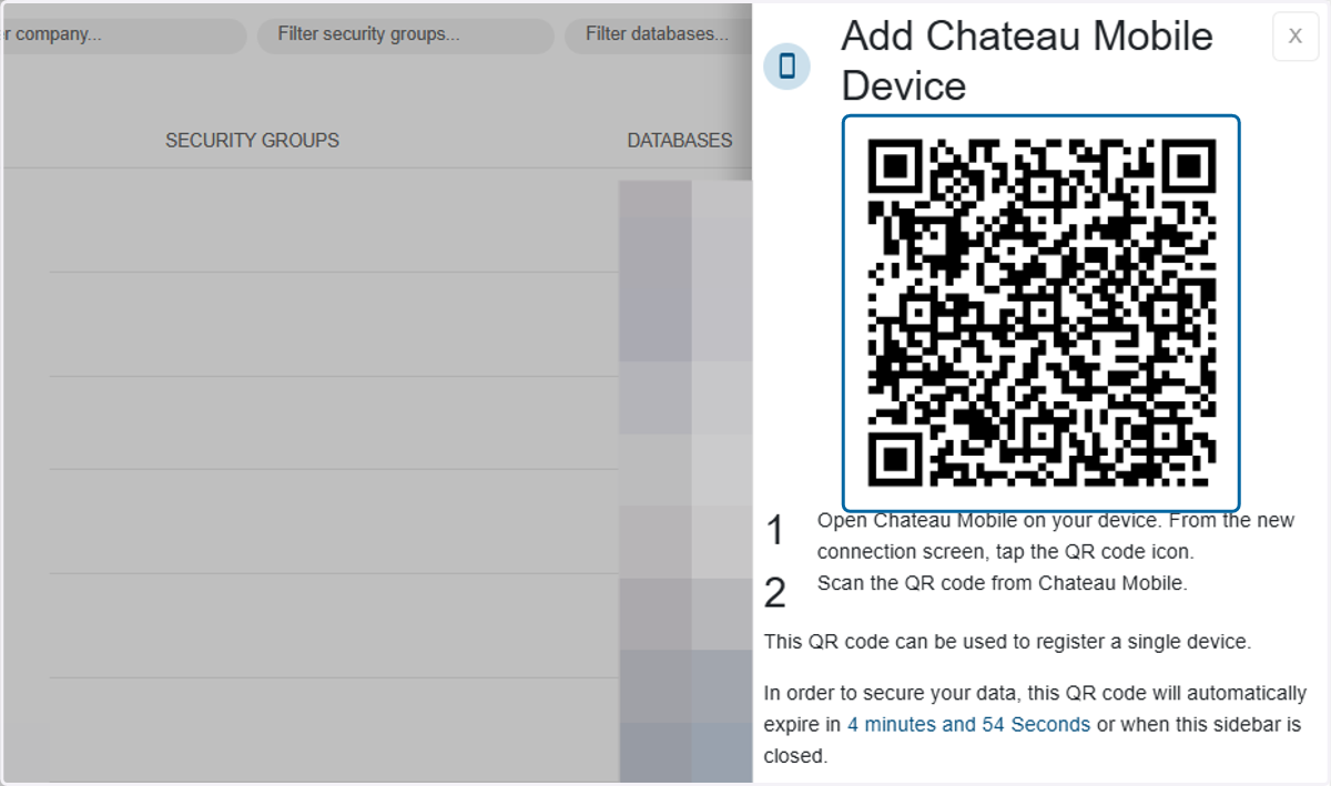 Using Chateau Mobile, scan the QR code until this window disappears.