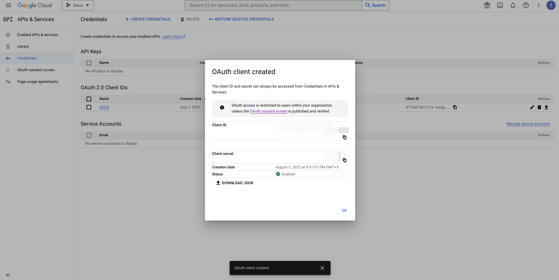 OAuth Client Created