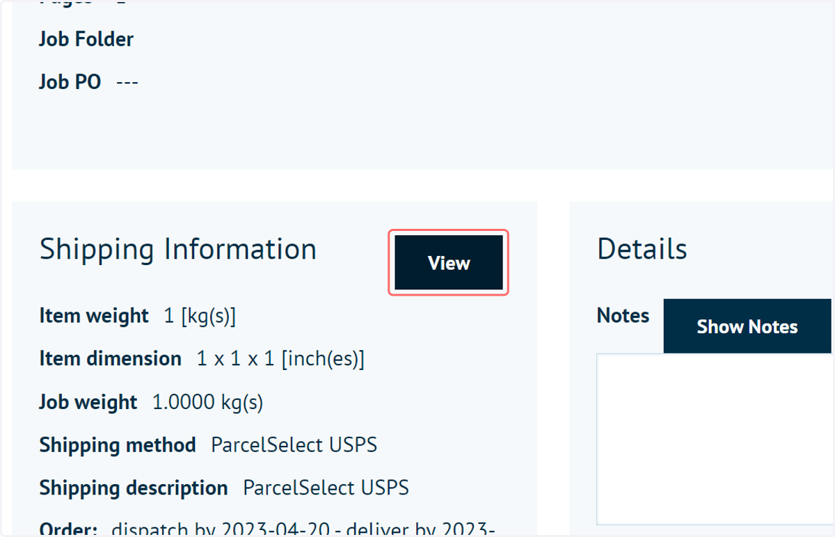 Click on View to access additional information on this shipping order