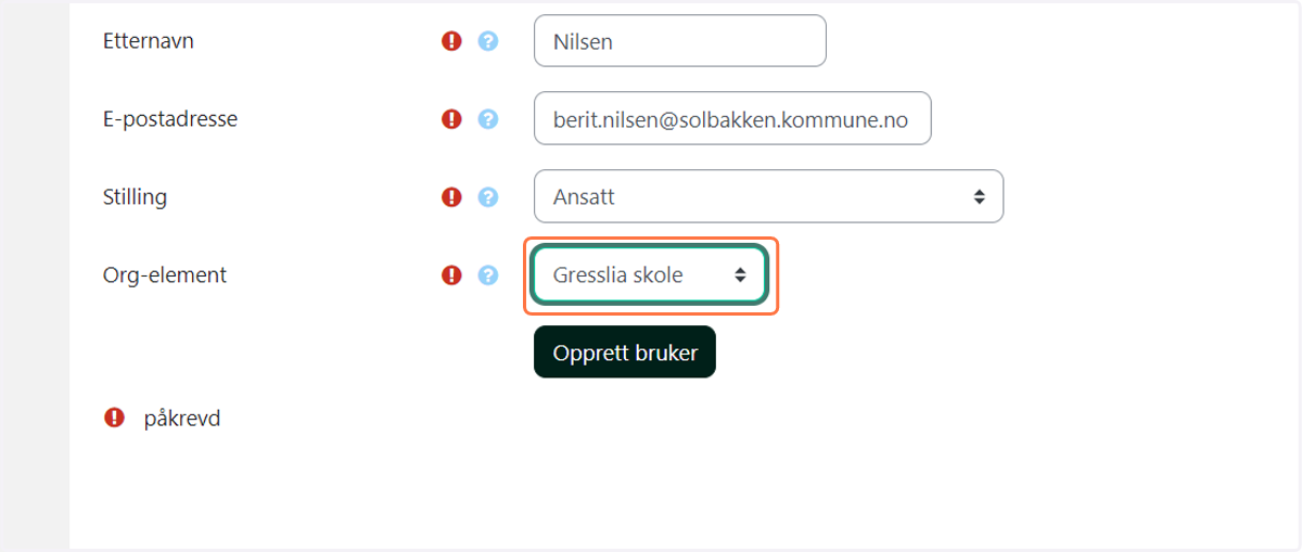 Velg organisasjon og avdeling