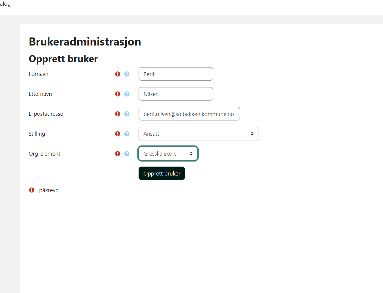 Klikk på Opprett bruker