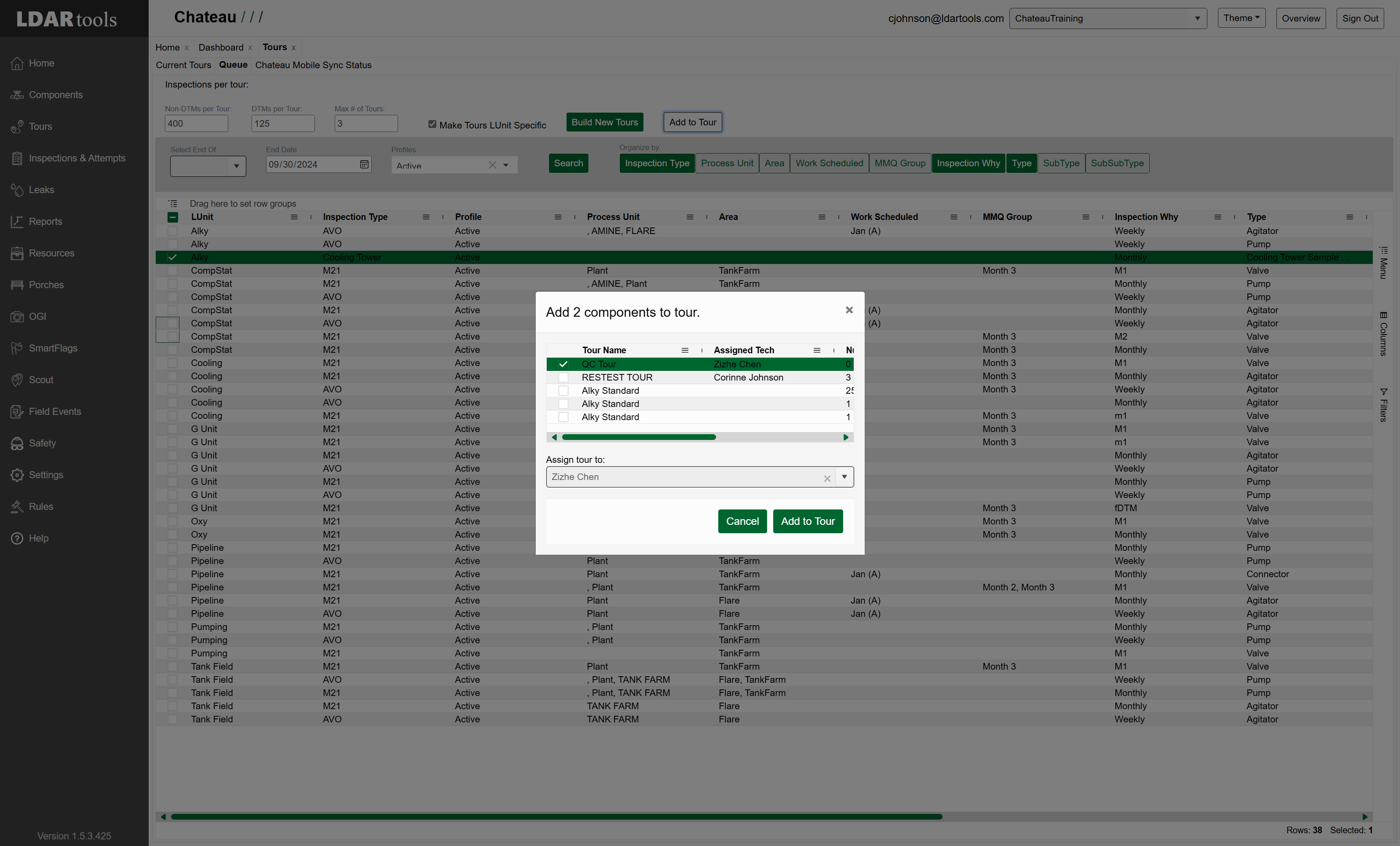 Select the tour to which you wish to add the components.