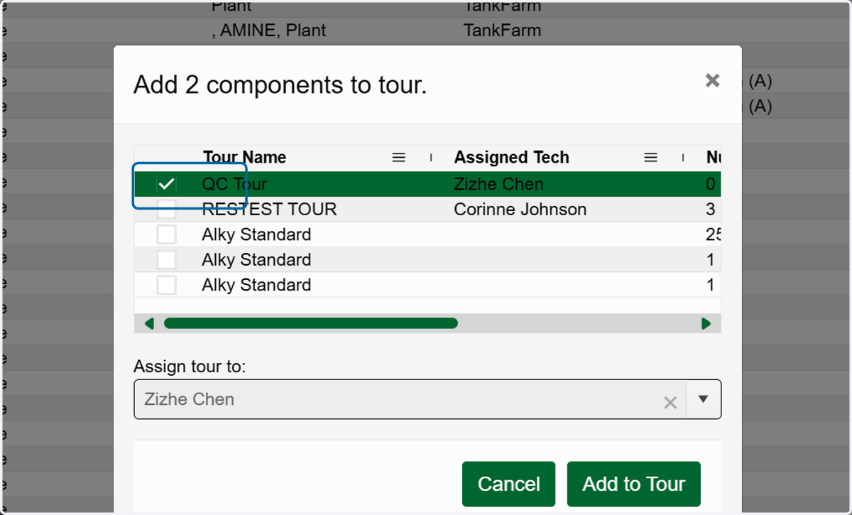 Select the tour to which you wish to add the components.